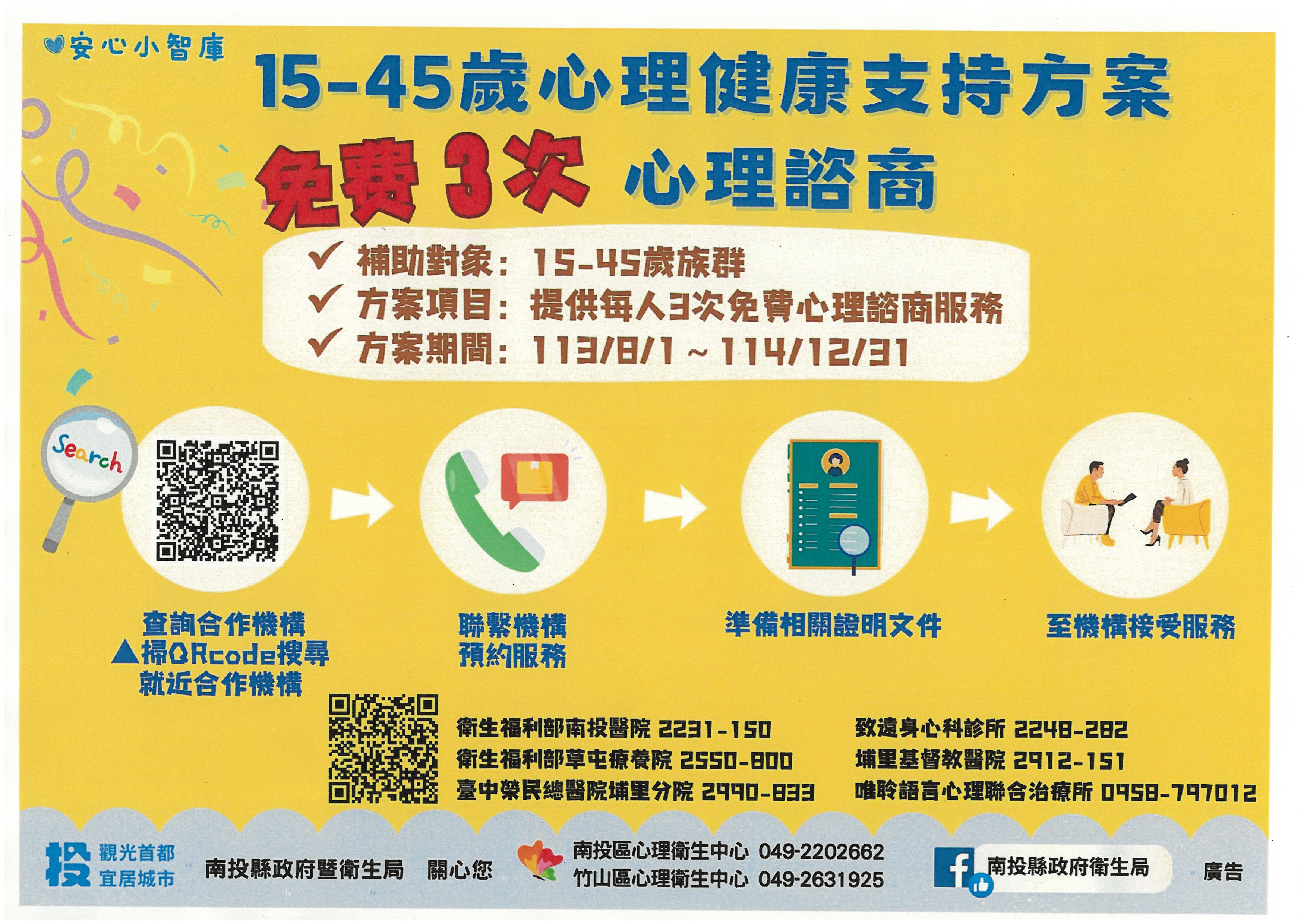 南投縣「15-45歲青壯世代心理健康支持方案」宣導單
