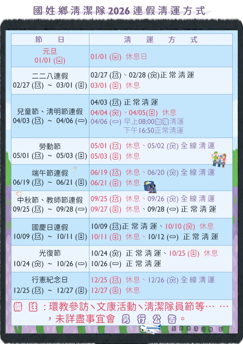 2026連假清運方式                                                                                                                                                                                                                                               